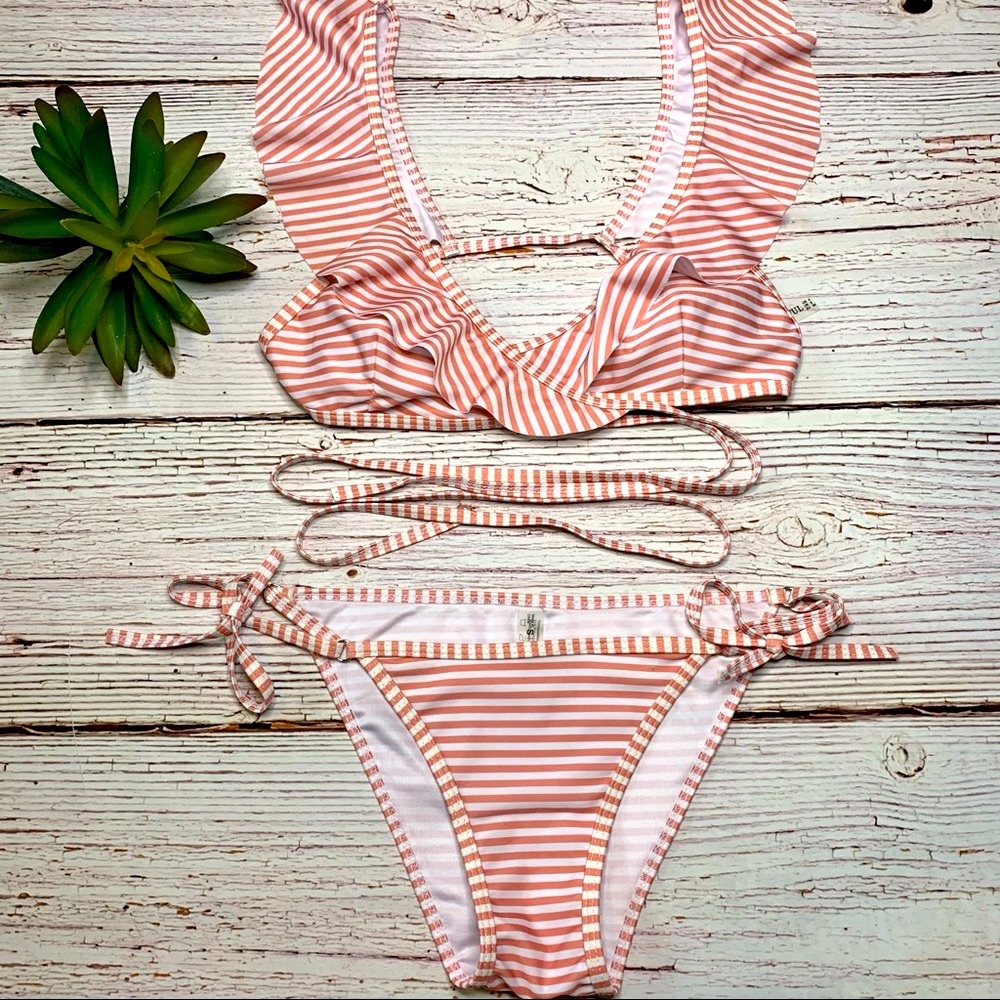 Pink & White Stripe Wrap Style Bikini